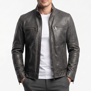 Casual Wear <b>Leather</b> Winter <b>Jackets</b> Men Stand Collar Biker Racer <b>Jacket</b> Men Chest Pocket <b>Long</b> Sleeve <b>Leather</b> Racer <b>Jackets</b> - Product Image 2
