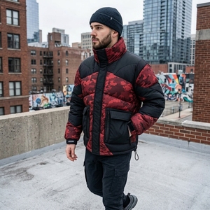 <b>Mens</b> Red Camouflage Puffer <b>Jacket</b> Quilted Winter Coat <b>Black</b> Red Camo Insulated Outdoor Fashion Full Zip Custom <b>Jacket</b> - Product Image 1