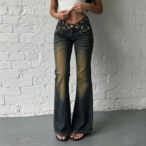 Streetwear Breathable Dark Washed Distressed Rivet V Waistband Metal Eyelets Denim <b>Jeans</b> Casual Women's - Product Image 6