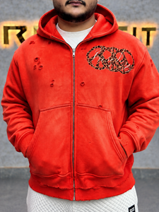 Sudadera con capucha roja desgastada con cremallera completa para hombre, estilo oversize, con estampado de leopardo y logo, estilo streetwear, de algodón y felpa. - Product Image 1