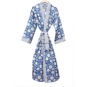 Magnifique Robe Kimono pour Femme, Artisanat en Blocs de Bois d'Inde, Motif Floral, Respirante, Longue, Col en V, 100% Coton, Manches Longues, Ceinture, Séchage Rapide - Product Image 4