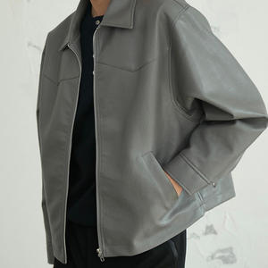 เสื้อแจ็คเก็ตหนัง PU สีเทาสำหรับผู้ชาย ปกคอพับ ปิดด้วยซิป สีพื้น สวมใส่สบายๆ สำหรับฤดูใบไม้ร่วง ทรงปกติ - Product Image 2