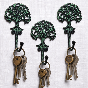 Tree of Life Cast Iron Wall Mounted Key Hooks Decorative Key Holder Rack Vintage Green Finish Entryway Organizer - Product Image 1