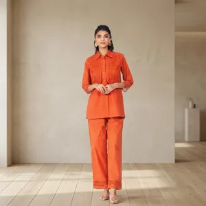 Conjunto de Dos Piezas de Lino y Algodón Naranja para Mujer, Camisa con Cuello de Solapa, Manga Tres Cuartos, Pantalones Rectos, Corte Regular, Atuendo Elegante de Verano - Product Image 6