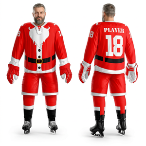 Ensemble d'uniformes de hockey sur glace personnalisés – Maillot de hockey rouge et blanc style Père Noël, short, chaussettes et gants, uniformes d'équipe personnalisés - Product Image 1