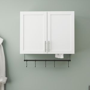 Armadietto da Bagno a Parete con Ripiani Regolabili, 5 Ganci e Portasciugamani, per Stoccaggio Sopra il WC, Adatto anche per Cucina, Bianco - Product Image 1