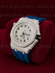 Reloj de Lujo con Diamantes Moissanite para Hombre, Esfera Árabe Completamente Adornada, Reloj Automático con Correa de Goma Azul, Reloj de Pulsera Estilo Hip Hop - Product Image 4