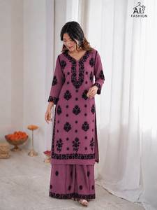<b>Women</b> Brown Floral Chikankari Embroidery Rayon <b>Kurti</b> Palazzo Set Regular Length Casual Traditional Indian All Seasons Outfit - Product Image 6