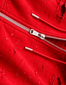 Sweat à capuche unisexe rouge déchiré avec fermeture éclair, effet vintage, en molleton, style streetwear, coupe oversize, poches, impression numérique - Product Image 6