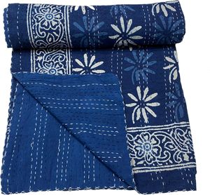 <b>Indian</b> Handmade Organic Cotton Vintage Reversible Kantha <b>Quilt</b> Eco-Friendly All-Season Wedding Home Hotel Floral Print Indigo - Product Image 2