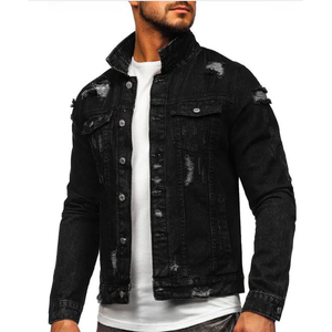 Veste en jean noire déchirée pour homme, coupe slim, couleur unie, boutonnée, décontractée, pour l'automne - Product Image 1