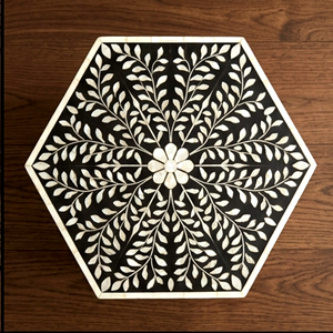 Handcrafted <b>Black</b> Resin Bone Inlay Accent <b>Table</b> Moroccan End <b>Table</b> Floral <b>Bedside</b> Bone Inlay Stool Luxury Home Decor Furniture - Product Image 3