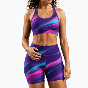 Ensemble de yoga pour femmes, couleur dégradée, short taille haute, haut court, soutien-gorge de sport dos nageur, 2 pièces, tenue de sport sans couture extensible - Product Image 1