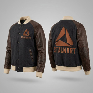 Blouson universitaire Stalwart vert et noir en cuir PU unisexe, décontracté, pour l'hiver, col montant, simple boutonnage, logo géométrique, respirant - Product Image 5
