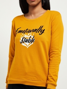 Sudadera de Manga Larga Color Amarillo Mostaza para Mujer con Estampado de "Emotionally Stable", Cuello Redondo, Informal, de Punto, de Algodón Transpirable - Product Image 6