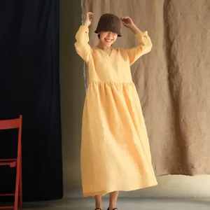 Robe longue en coton et lin pour femmes, col en V, manches longues, coupe ample, jaune, style bohème, robe longue décontractée - Product Image 2