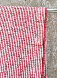 Silkgram Hand Pink Striped Cotton <b>Quilted</b> <b>Throw</b> Blanket Floral Border Traditional Indian Handmade Home Decor 300tc All-Season - Product Image 4