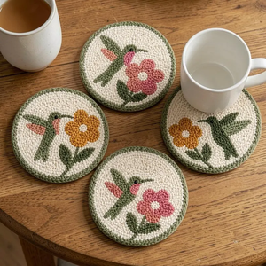 4pcs Hummingbird Punch <b>Needle</b> Coaster Set, Handcrafted Floral Yarn Drink Mats for Table Decor by Whimsy Art Craft - Product Image 2