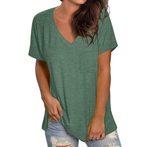 Camiseta de Manga Corta con Cuello en V para Mujer, 100% Algodón, Transpirable, Verde Sólido, Corte Regular, Informal, con Bolsillo, para Primavera y Verano - Product Image 1