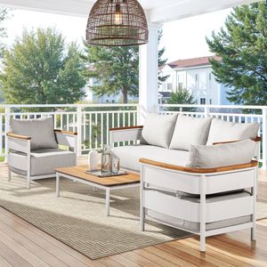 Poltrona da Patio Rhodes 29 Pollici Imbottita in Teak e Alluminio con Rivestimento in Ciniglia Grigio Betulla, Elegante Arredo da Esterno - Product Image 2