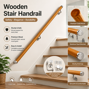 Rampe d'escalier en bois massif à fixation murale avec support en acier inoxydable pour usage intérieur et extérieur - Product Image 1