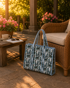 <b>Large</b> Boho Quilted Cotton Shoulder Tote <b>Bag</b> with Hand Block Print Floral Pattern-Reusable <b>Beach</b> & Winter Shopping <b>Bag</b> - Product Image 3