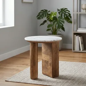 Modern <b>Round</b> Marble Top Mango Wood Side <b>Table</b> Handmade Living Room Furniture - Product Image 1