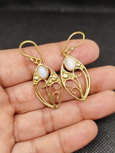 Moonstone Export Brass Gemstone Drop <b>Earrings</b> Bulk Handcrafted Gold Plated Finish Moonstone Pattern Bezel - Product Image 3