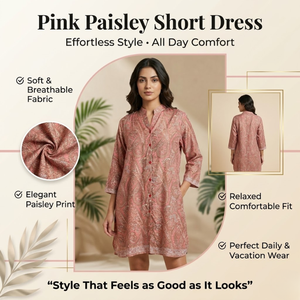 Mini-robe rose à imprimé cachemire pour femme avec col mandarin et manches trois quarts |   Robe en mousseline de soie ample et décontractée pour les vacances - Product Image 3