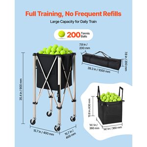 <b>Foldable</b> Stainless Steel Tennis Ball Hopper with 200 Ball Capacity Easy Pick-Up Wheels Portable Polyester Pickleball Basket <b>Cart</b> - Product Image 2