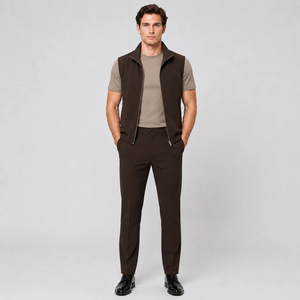 Gilet en jean marron pour homme, col rabattu, fermeture éclair, imperméable, tenue d'hiver formelle, coupe ajustée, matière polyester - Product Image 1
