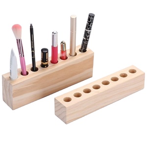 Natural wood finished cosmetic brush holder multi hole organizer makeup brushes lipstick <b>eyeliner</b> pencil storage stand durable - Product Image 1