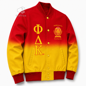 เสื้อแจ็คเก็ตวาร์ซิตี้ผ้าซาตินแบบไล่สีสำหรับผู้หญิงของชมรม NSPDK ปักลายตัวอักษรกรีก ติดกระดุมแป๊ก คอเสื้อและปลายแขนเสื้อถักแบบริบบิ้น เสื้อแจ็คเก็ตเลตเตอร์แมน - Product Image 2