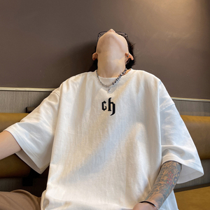 T-shirt Homme Brodé Oversize en Coton et Fibre de Bambou, Coupe Ample Épaules Tombantes, Grammage Lourd, Style Décontracté Streetwear, T-shirt Graphique - Product Image 4