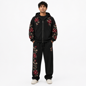 Custom Print Men's Black Floral Tracksuit Set 2PC Full <b>Zip</b> Hoodie Loose <b>Trousers</b> High Street Winter Wear Private Label Bulk - Product Image 1