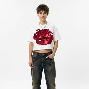 Camiseta Corta Oversize para Hombre, Blanca con Estampado de Cara de Dibujos Animados en Rojo, Estilo Urbano, Manga Corta, Cuello Redondo, Ajuste Jersey - Product Image 3