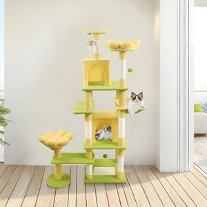 Arbre à chat jaune de 71 pouces avec coussin fleuri amovible et hamac, maison et mobilier pour animaux de compagnie - Product Image 2