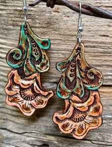 Artisan Tooled Cattle Portrait Leather Vintage Earrings Rustic <b>Western</b> Teardrop <b>Jewelry</b> Cow Head Dangle Opal Country Gift - Product Image 5