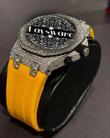 Montre mécanique automatique analogique ultra-luxe avec boîtier en acier inoxydable, verre, bracelet en caoutchouc bleu, breloque personnalisée, style hip-hop, sertie de moissanite VVS