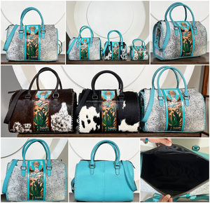 Premium Turquoise <b>Tooled</b> Cowhide <b>Leather</b> Large Speedy Bags Luxury Western Designer Crossbody Weekender Travel Unisex Duffel Bags - Product Image 3