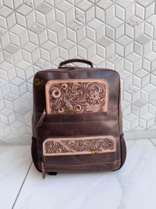 Western Pattern Genuine Hand <b>Tooled</b> Carving Leather Stylish <b>Backpack</b> School Bags Unisex Beautiful Designer Bag Multi Use Bag - Product Image 4