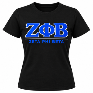 Zeta Phi Beta <b>T</b>-<b>Shirt</b> <b>Women</b> <b>Black</b> Royal Blue Greek Letter Twill Applique Name Bar Crew Neck Short Sleeve Fitted Sorority Tee - Product Image 1