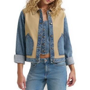 Denim Jacket With Tan Patchwork Turn-Down Collar Button Closure Short Length Casual Streetwear Style Unisex Autumn Wear - Product Image 1