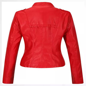 Veste moto en cuir PU rouge pour femme, manches longues, fermeture éclair, col rabattu, longueur courte, style automne - Product Image 3