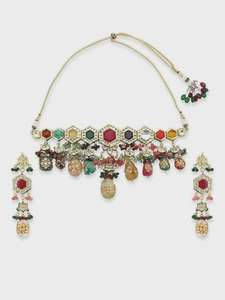 Multicolor Gemstone <b>Choker</b> Necklace Set Indian Bridal Jewelry Statement <b>Choker</b> with Earrings - Product Image 1