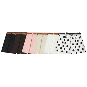 Pleated <b>Skorts</b> With Belt Solid Color And Dot Pattern Casual Summer <b>Women's</b> Shorts Mid Waist Regular Fit Breathable Polyester - Product Image 1