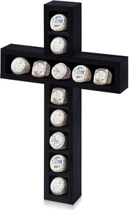 Teenyyou Soporte de exhibición para anillos de béisbol y softbol, con 12 postes, para anillos de campeonato, 9 x 14 pulgadas, de madera, para montaje en pared, con diseño de cruz - Product Image 4