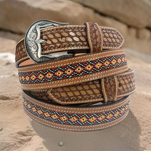 Wholesale Vintage Hand Tooled Western Leather <b>Belt</b> with Beads Engraved Buckle Custom Branding Available - Product Image 4