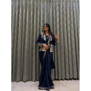 Bollywood Style <b>Top</b> Notch Quality Elegant Design Women Party Wear French Crepe with Embroidery Work Saree at Low Price - Product Image 1