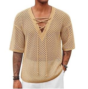Summer Wear Half Sleeve <b>Fishnet</b> Distress Outdoor Drawstring Neck See Through Transparent Loose Workout Casual Sheer Mesh T Shirt - Product Image 6